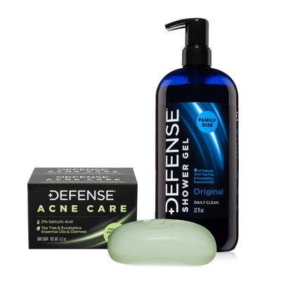 Defense Acne Care Bar Soap 4.2oz 2% Salicylic Acid (2-Pack) & Body Wash 32 oz - Natural Shower Gel