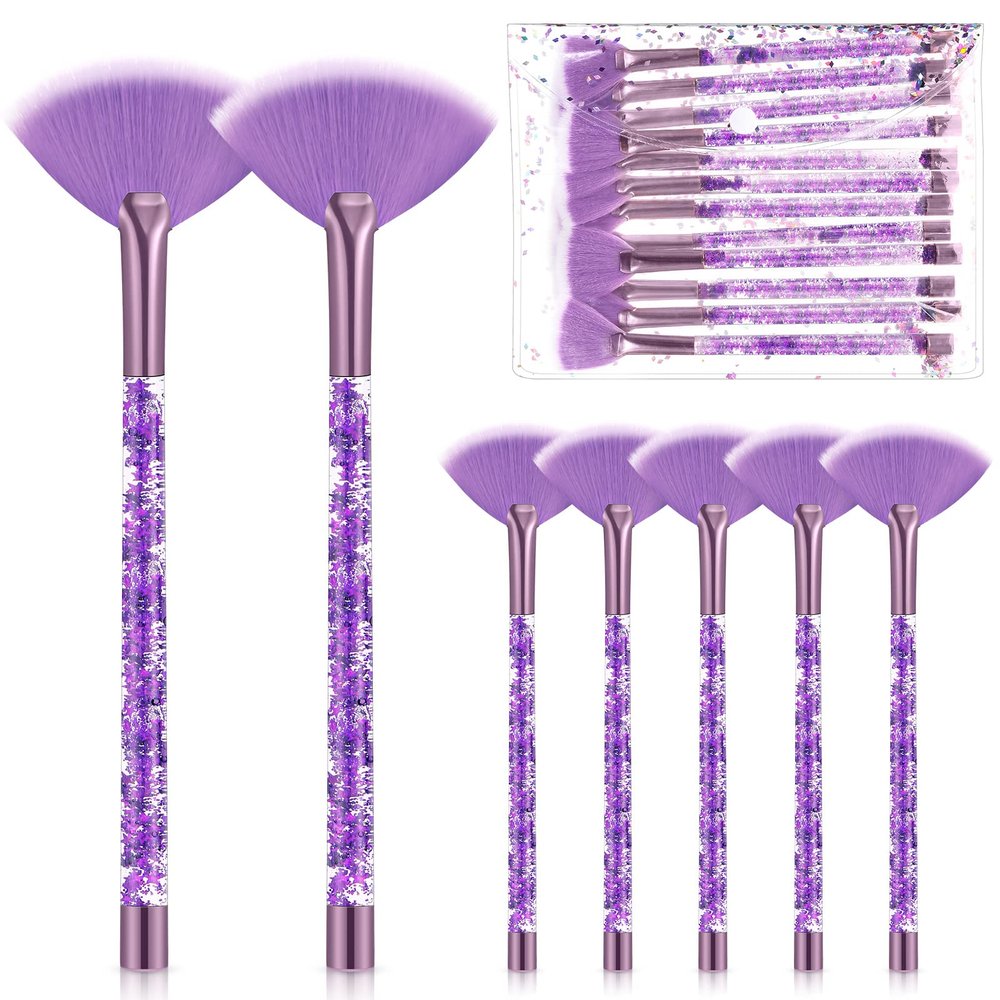 Nuenen 12 Pcs Soft Fan Facial Brushes Mask Acid Applicator Brush for Mud Cream Blush Makeup Peel Glycolic Multi Use Cosmetic Tools with Glitter Quicksand Handle and Pouch(Purple)