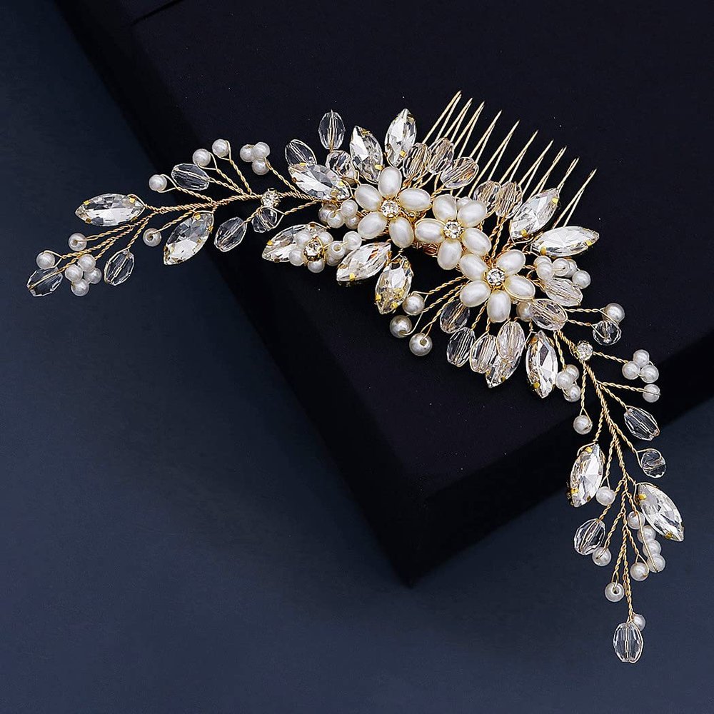 Rhinestone Pearl Wedding Hair Side Comb, Sinide Handmade Crystal Wedding Hair Barrette Bridal Hair Accessories Headpiece Comb Barrette for Women Ladies Vintage Hair Barrette Bridesmaids Headpiece