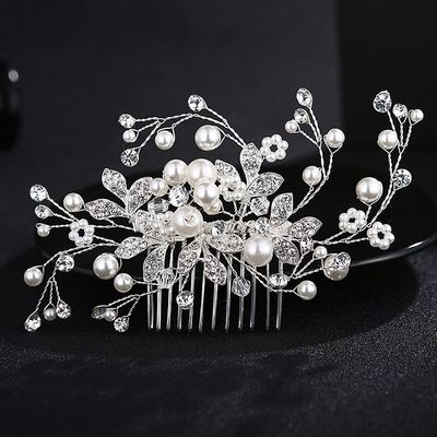 Bridal Hair Side Comb, Sinide Pearl Rhinestone Crystal Wedding Clip Handmade Leaves Bridal Comb Barrette Silver Headpieces for Women Wedding, Vintage Hair Barrette Bridesmaids Headpiece