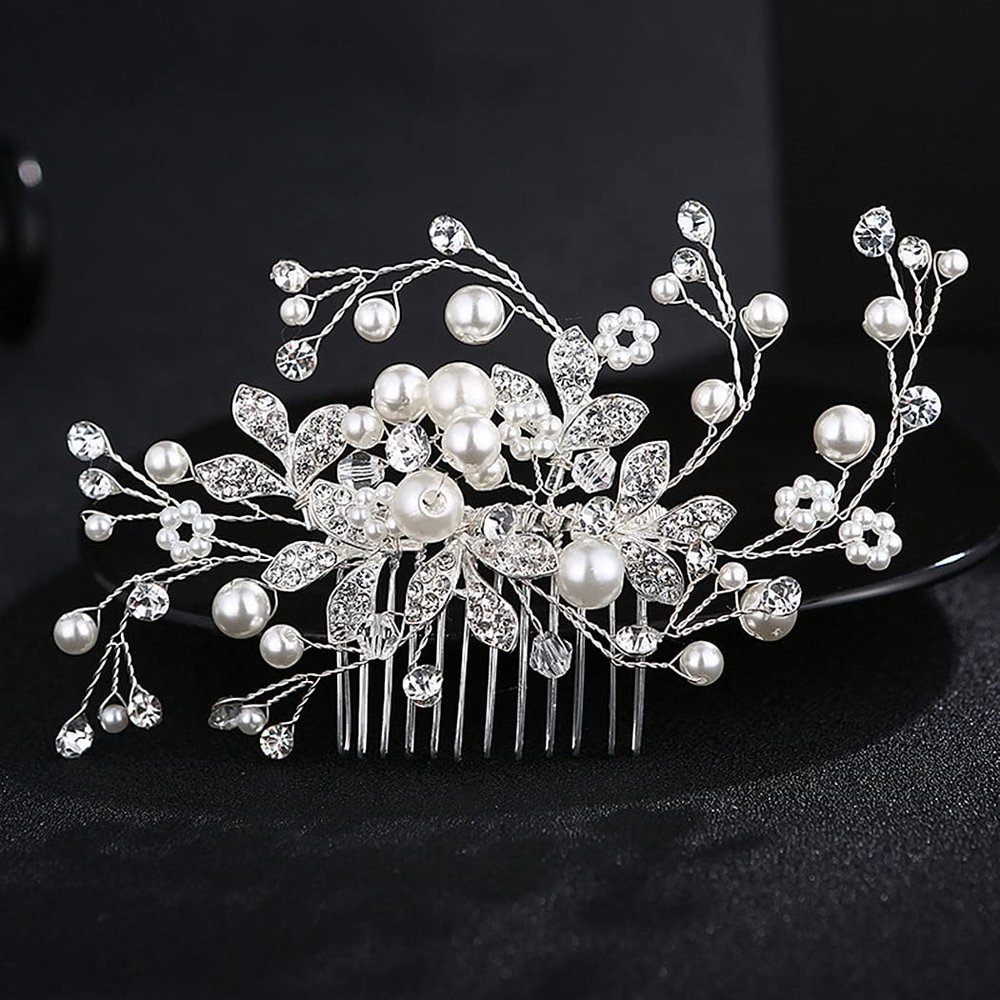 Bridal Hair Side Comb, Sinide Pearl Rhinestone Crystal Wedding Clip Handmade Leaves Bridal Comb Barrette Silver Headpieces for Women Wedding, Vintage Hair Barrette Bridesmaids Headpiece