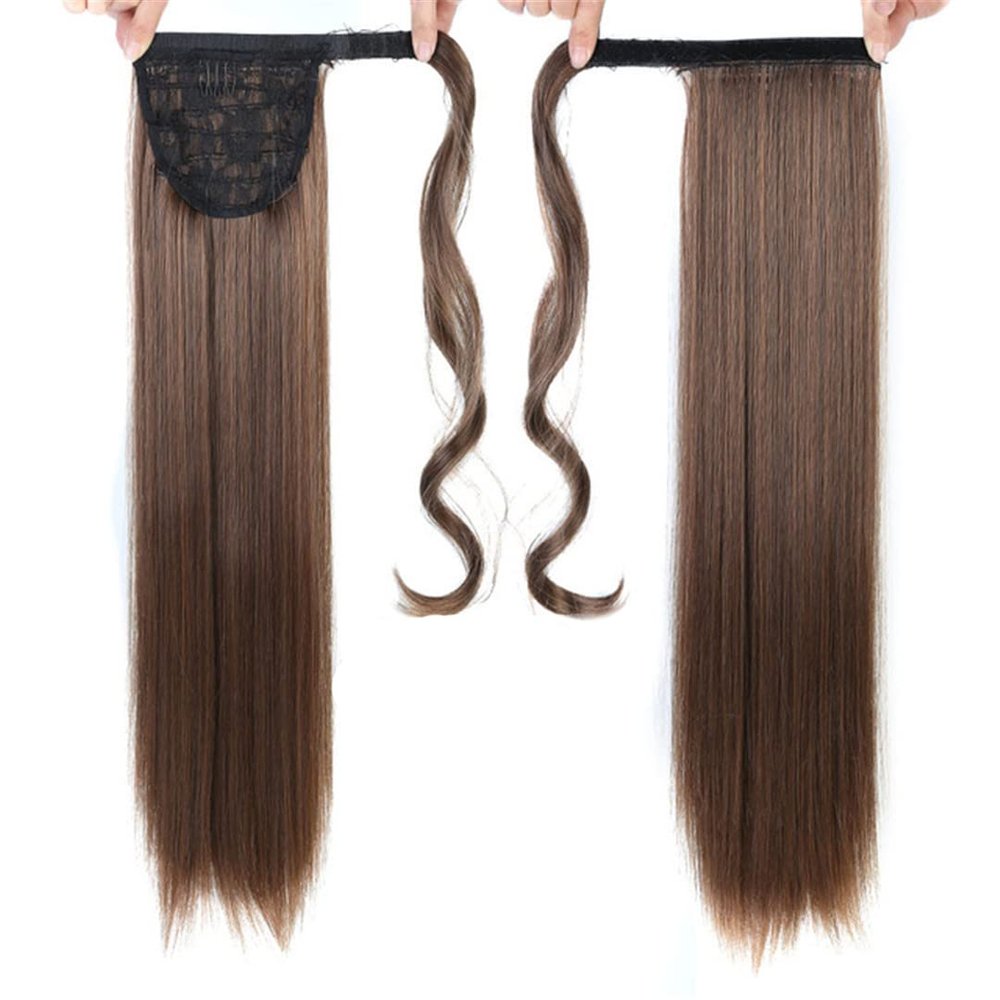 18/28Inch Claw Clip On Ponytail Hair Extension For Women Long Wavy/Straight Brown Synthetic Tail Hair Hairpiece Natural Color 24inches
