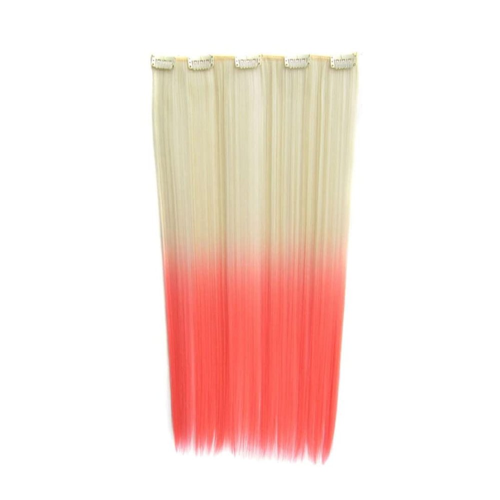 22" Long Straight Synthetic Hair Extension 5 Clips In Hair Weave One Slice Two Tone Hairpieces 9 Colors, 50G/Pc FCW666 613TPink 22inches
