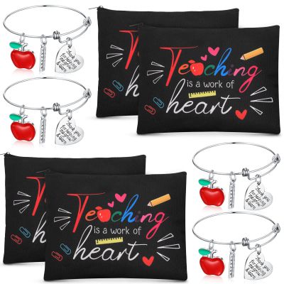 MTLEE 8 Pcs Teacher Appreciation Gift Set for Women, 4 Makeup Pouch Cosmetic Bags and 4 Bangle Bracelets, Christmas Valentines Thank You Gifts(A Work of Heart)