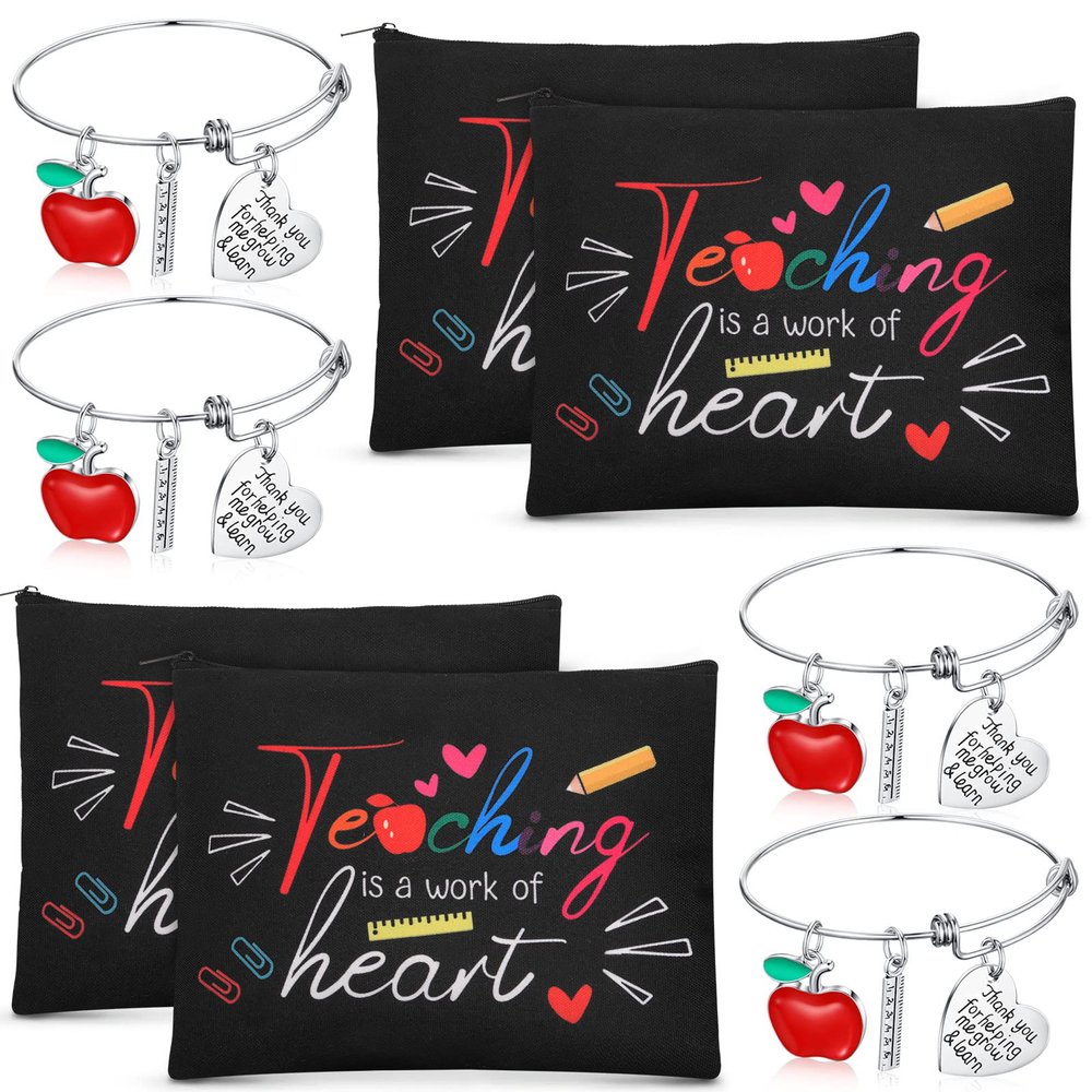 MTLEE 8 Pcs Teacher Appreciation Gift Set for Women, 4 Makeup Pouch Cosmetic Bags and 4 Bangle Bracelets, Christmas Valentines Thank You Gifts(A Work of Heart)