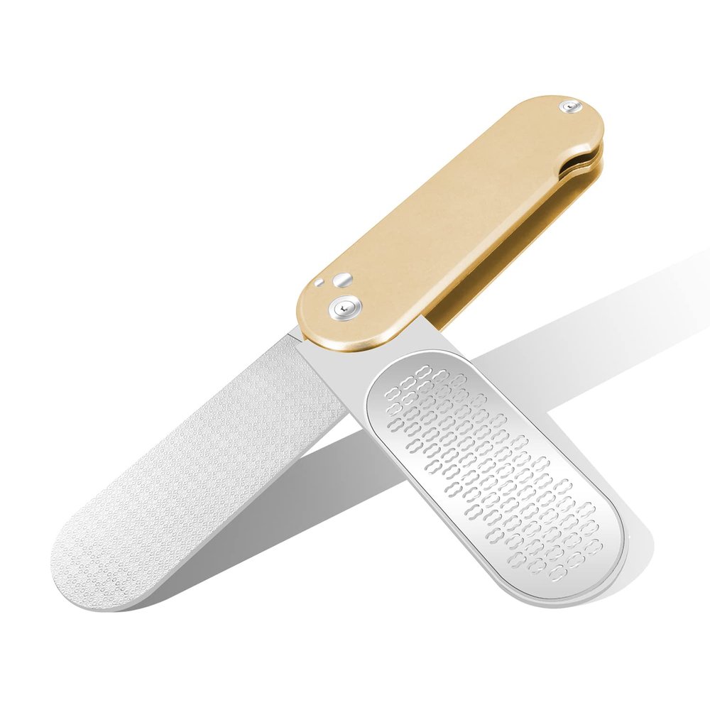 Foldable Foot File Callus Remover for Feet, 3 in 1 Professional Stainless Steel Foot Scrubber Dead Skin Remover Foot Rasp Grater, Wet Dry Use, Easy to Carry (Champagne)