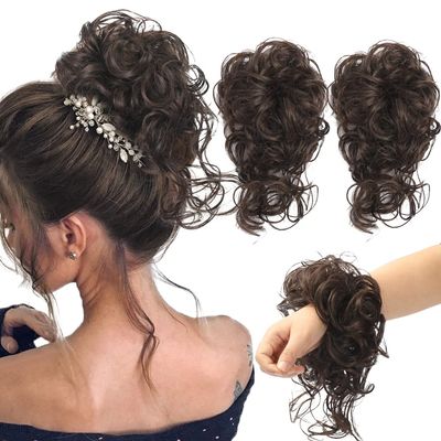 2 PCS Messy Bun Hair Piece, Risbel Updo Super Long Tousled Extensions Bun Curly Wavy Ponytail Hairpieces Hair Scrunchies with Elastic Rubber Band Synthetic Chignon hair extension for Women Girls , women's hair piece(Chocolate Brown)