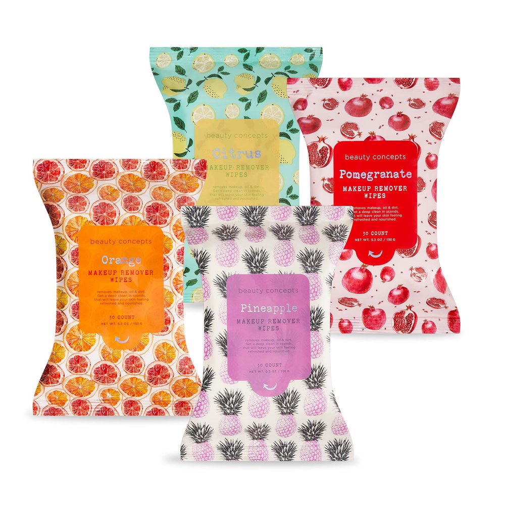 Beauty Concepts Facial Wipe Set - Packs of Face Wipes, Makeup Removing Wipes, Pomegranate, Citrus, Pineapple, and Orange Face