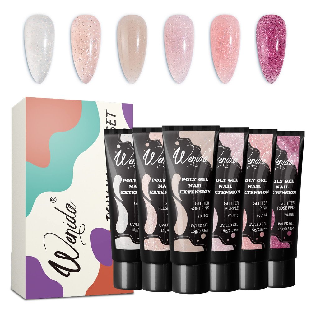 Wenida Nail Extension Gel Kit - Glitter Clear Gel Set for Home DIY Nail Manicure Art