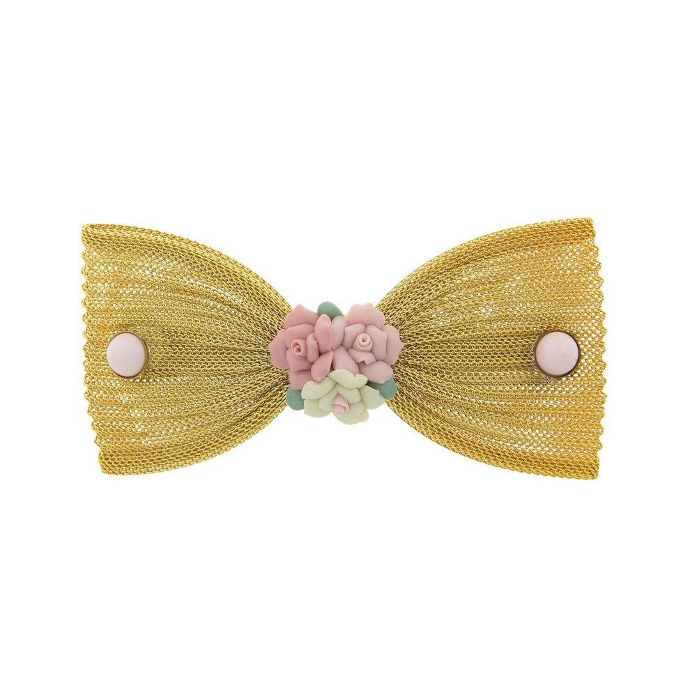 1928 Jewelry Pink Porcelain Roses Silver Mesh Bow 2.03 Inch Hair Barrette Clip For Women (1 Pcs), Handmade Flowers, Botanical Inspired Floral Accessories, Made In USA