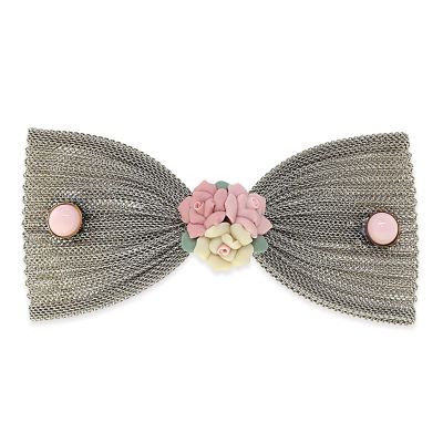 1928 Jewelry Pink Porcelain Roses Gold Mesh Bow 4.23 Inch Hair Barrette Clip For Women (1 Pcs), Handmade Flowers, Botanical Inspired Floral Accessories, Made In USA