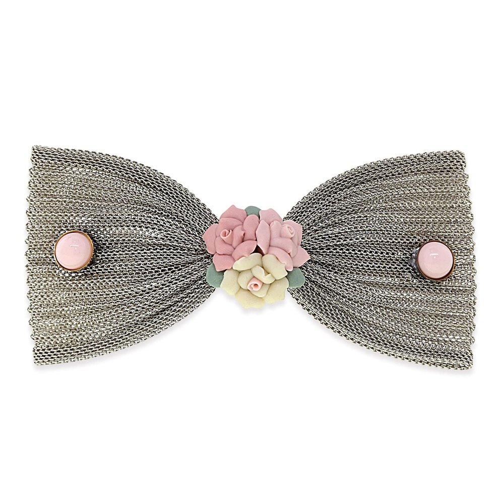 1928 Jewelry Pink Porcelain Roses Gold Mesh Bow 4.23 Inch Hair Barrette Clip For Women (1 Pcs), Handmade Flowers, Botanical Inspired Floral Accessories, Made In USA