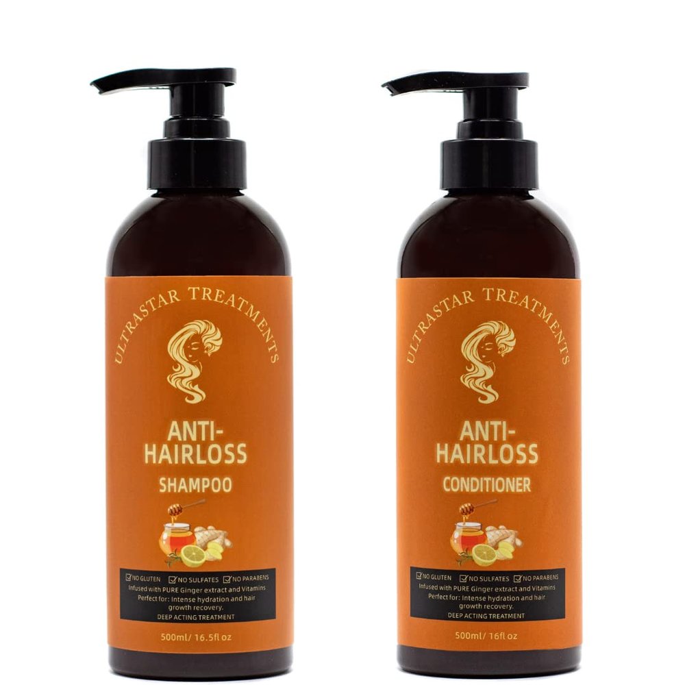 GINGER & HONEY- HAIR DUO-INFUSED WITH BIOTIN, GINGER AND ROYAL HONEY - Created to Target Hair Growth. Thickening Hair Loss Shampoo& Conditioner (16.5oz bottles)
