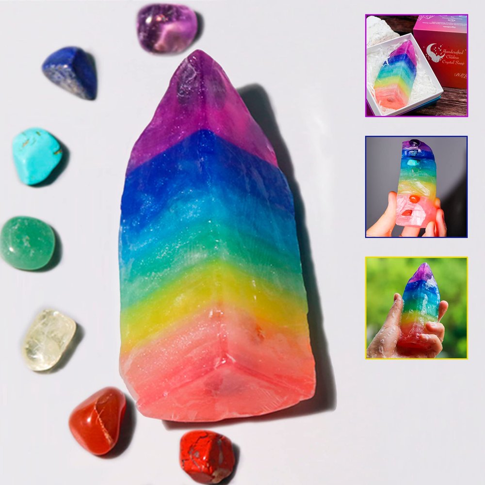 Crystal Chakra Soap Rock - Soap Bar - Jasmine Essential Oil Fragance - Natural Gemstones - Healing Energy - Fancy RockSoap - Moisturizing Skin - Scented Soap Gift for Women and Men