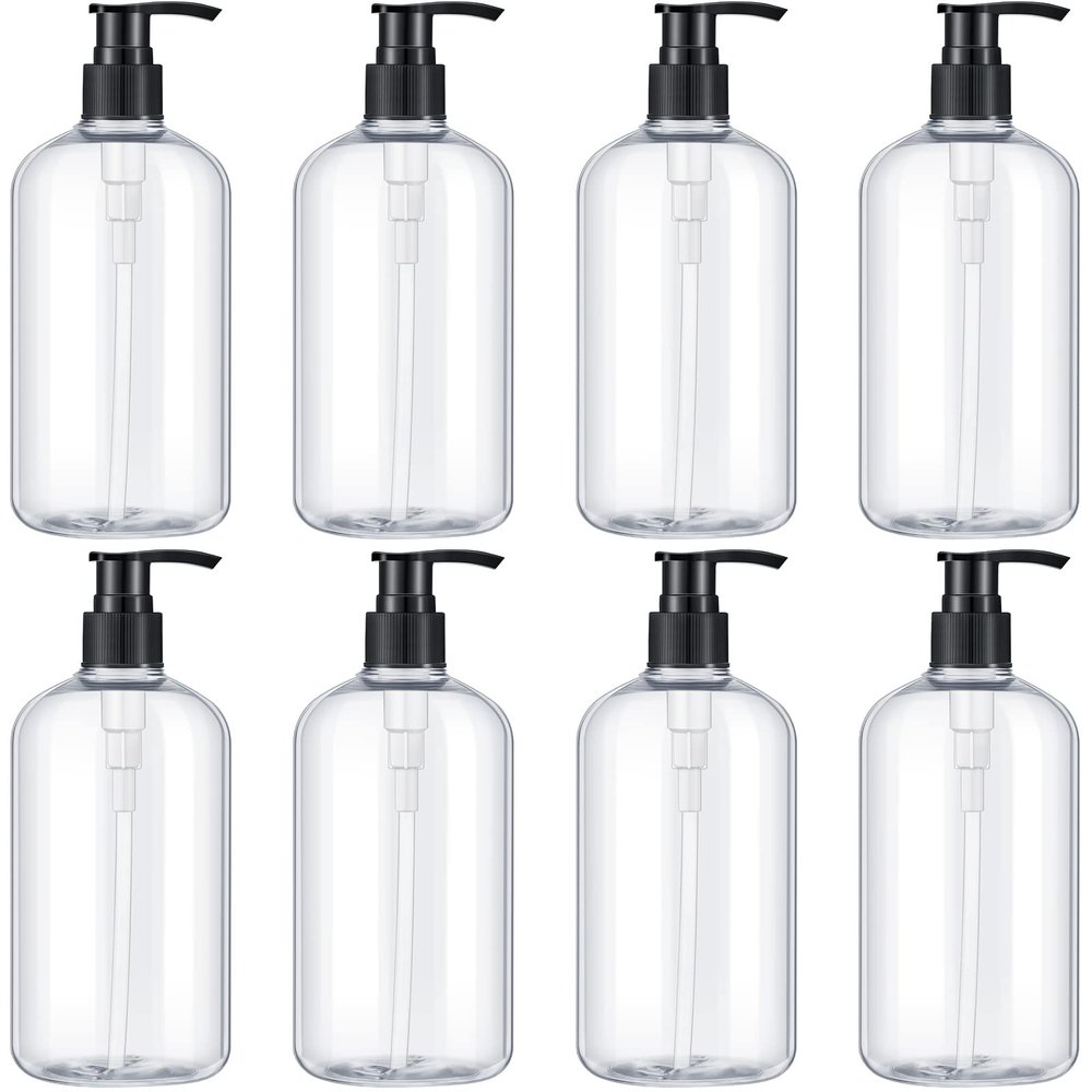 Gandeer 8 Pcs Plastic Pump Bottles Empty Lotion Bottle with Pump Refillable Dish Soap Dispenser Portable Hand Soap Dispenser Shampoo Lotion Container for Oil Liquid Soap(Clear,16 oz)