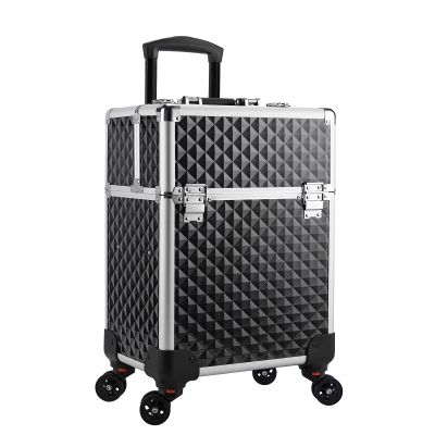 Wasserrhythm Rolling Makeup Train Case Cosmetic Travel Cart 4 Tray Sliding Rail Removable Middle Layer Makeup Cart with 360 wheels Large Storage Cosmetic Trolley Salon Barber Case Trunk, Black