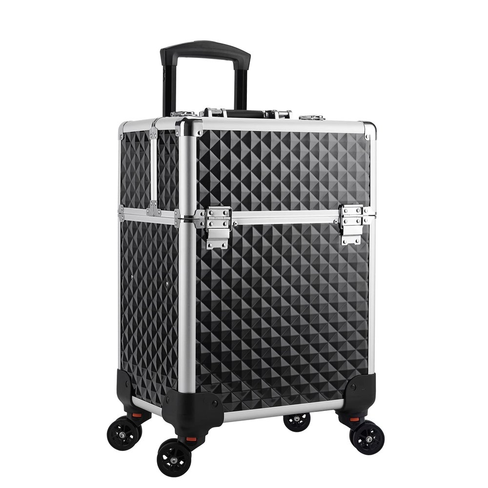 Wasserrhythm Rolling Makeup Train Case Cosmetic Travel Cart 4 Tray Sliding Rail Removable Middle Layer Makeup Cart with 360 wheels Large Storage Cosmetic Trolley Salon Barber Case Trunk, Black