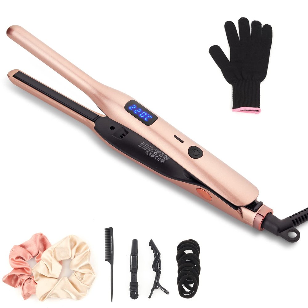 3/10 Inch Pencil Flat Iron, Small Flat Irons for Short Hair, Beard and Pixie Cut, Mini Hair Straightener Small Ceramic with Adjustable Temperature, Include Glove