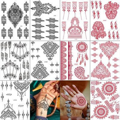 PPVWEY 10 Sheets Henna Tattoos Temporary Henna Stickers 5Pcs Red + 5Pcs Black Tattoo Stickers Women Body Art Stickers for Wedding Party (5 Red+5 Black)