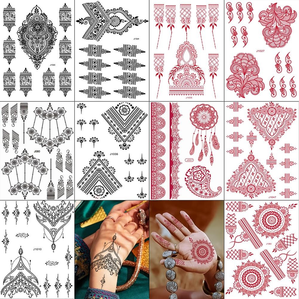 PPVWEY 10 Sheets Henna Tattoos Temporary Henna Stickers 5Pcs Red + 5Pcs Black Tattoo Stickers Women Body Art Stickers for Wedding Party (5 Red+5 Black)