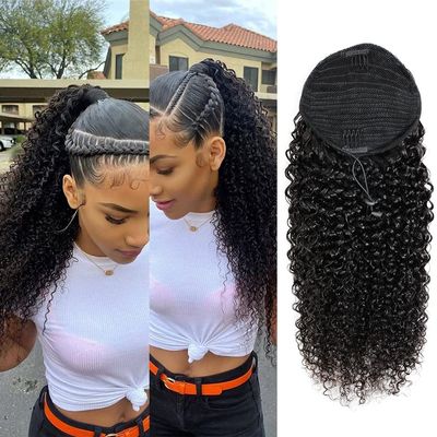 Adette 16 Inches Curly Ponytails Human Hair Brazilian Kinky Curly Clip in Pony Tail Hair Extensions for Black Women Drawstring Ponytail Extensions Natural Black