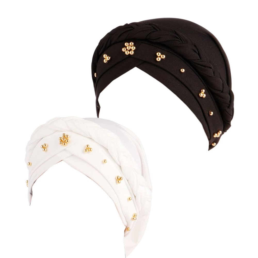2 Pieces African Turban Wrap Cap for Women Bonnet Beanie Cap Twisted Braid Head Wraps Headscarf