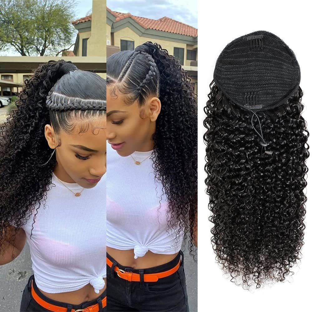 Adette 14 Inches Curly Ponytails Human Hair Drawstring Ponytail Extension Afro Kinky Curly Clip in Pony Tail Hair Extensions Hair Pieces for Black Women Natural Black
