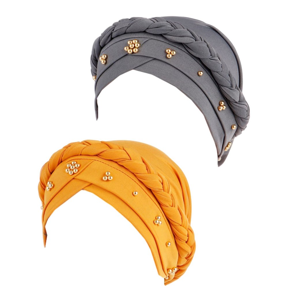 2 Pieces African Turban Wrap Cap for Women Bonnet Beanie Cap Twisted Braid Head Wraps Headscarf