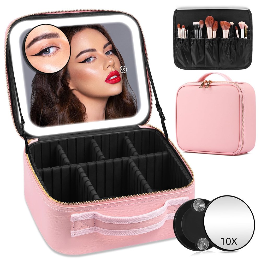 Jadazror Makeup Case with Mirror and Lights, Travel Makeup Bag with Lighted Mirror, Make up Case with LED Mirror & Adjustable Dividers, Portable Cosmetic Organizer Bag Gift for Women(Pink)