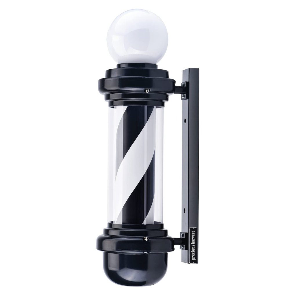 precious harvest 26.8 Inch Barber Pole - LED Rotating Light Fixture with Upper Globe Luminous, Black & White Classic Wall-Mounted Sign for Hair Salon/Barbershop