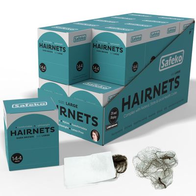 SAFEKO Hair Nets 144 PCS, Individually Wrapped, Lightweight Nylon Hairnets, Latex-Free | Dark Brown, Large (24")