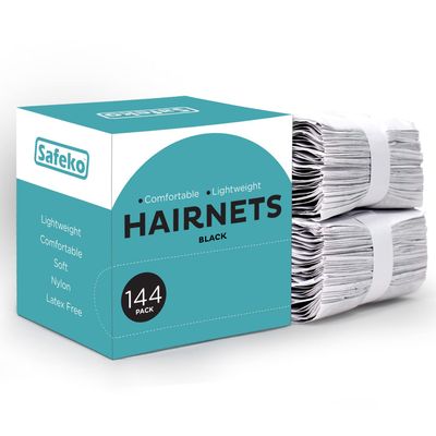 SAFEKO Hair Nets 144 PCS, Individually Wrapped, Lightweight Nylon Hairnets, Latex-Free | Black, Regular (21")