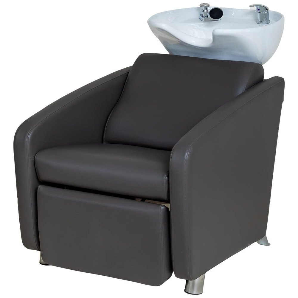 Pibbs 2026 Davino Shampoo Backwash Unit - Tilting Porcelain Bowl, Wide Seat, Built-in Vacuum Breaker, Full Leg Rest, Modern Granite Finish, 49" x 25.5" x 41", PIB-BW2026-GRA
