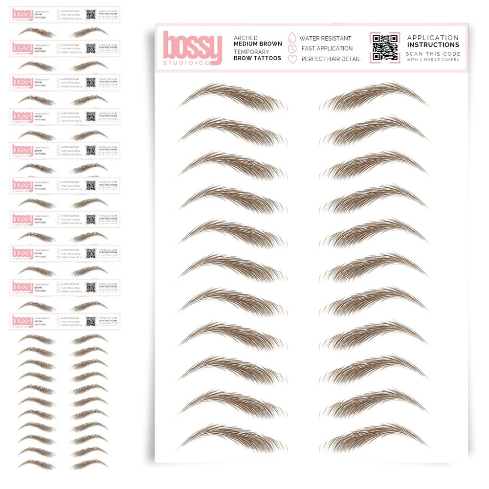10 Pack Temporary Eyebrow Tattoos Waterproof Eyebrow Stickers, False Tattoos Hair Like Peel Off Instant Transfer Brows For Women And Men | Natural Strokes, Shaping (arched, medium brown)