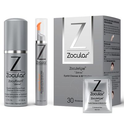 Zocuwipe Eyelid Wipes Eyelid Cleanser and Moisturizer Pads 30ct + Zocufill Elixir Eye Gel and Face Serum + Zocufoam Cleanser Bundle