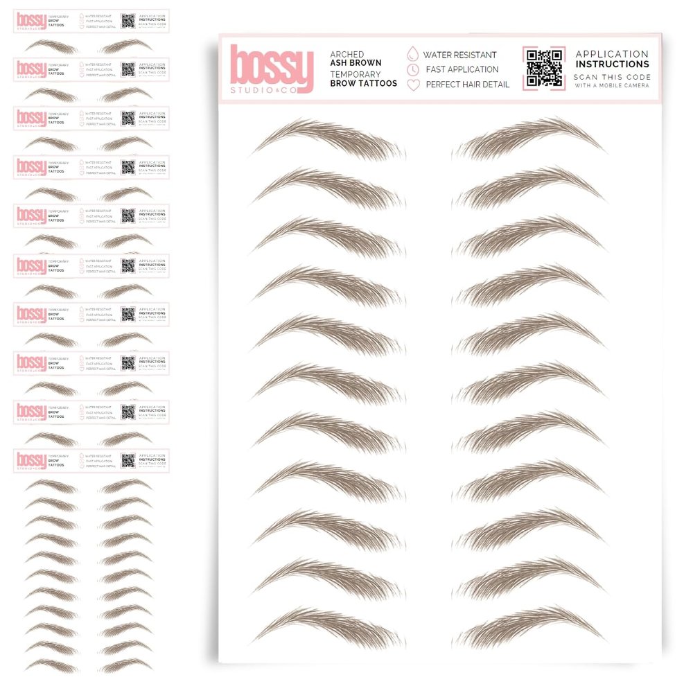 10 Pack Temporary Eyebrow Tattoos Waterproof Eyebrow Stickers, False Tattoos Hair Like Peel Off Instant Transfer Brows For Women And Men | Natural Strokes, Shaping (arched, ash brown)