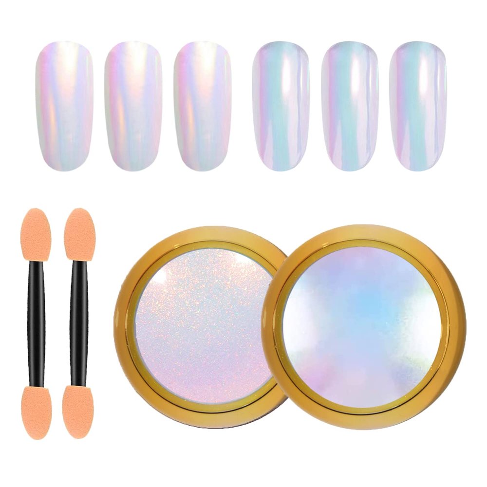 MEILINDS 2 Pcs Mermaid Chrome Nail Powder Kit- 2 Colors Neon Effect Iridescent Nails Powder, Aurora Holographic Nail Glitter Rainbow Mica Powders Chrome Nail Art Dust Tip Manicure Pigment