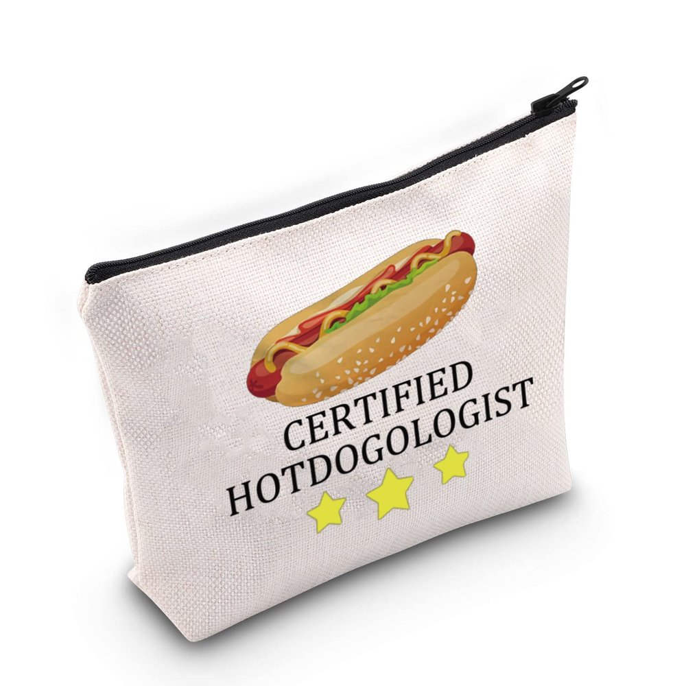 G2TUP Hot Dog Lover Gift Certified Hotdogologist Makeup Bag Hot Dogs Cosmetic Bag Food Lover Gift Sausages Lover Gift Zipper Travel Pouch (Certified Hotdogologist White Bag)