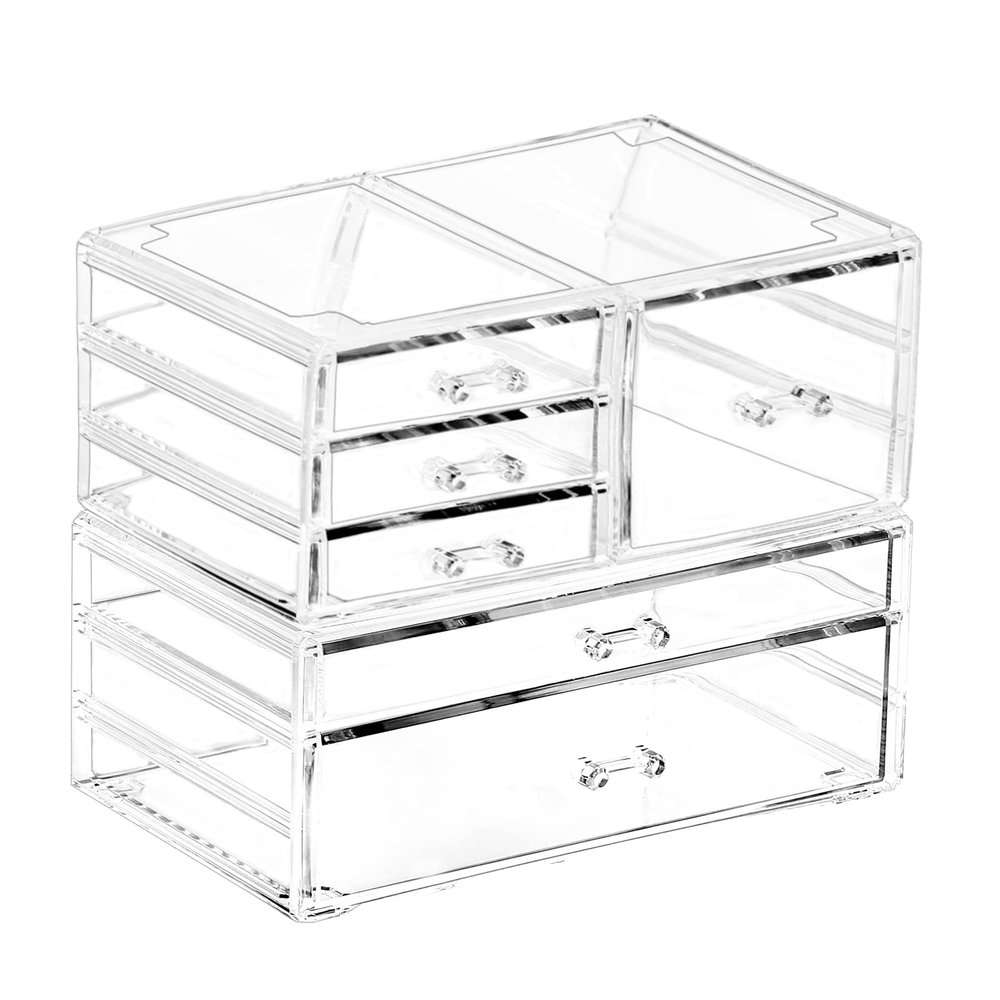 Cq acrylic 2 Pack Clear Stackable Storage Drawers for Vanity,Stackable 6 Drawers Desktop Organizer With Drawers,Cute Desk Storage for Office,Jewelry,Hair Clip,Beauty,Skincare and Make Up Organizers