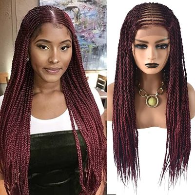 31'' Box Braided Wigs for Black Women 3.5''X5.5'' Swiss Lace Front Hand Braided Wig with Natural Baby Hair Full Cap Tribal Braids Wigs (#T1B/BUG Black Mix Red), 11 Fl Oz