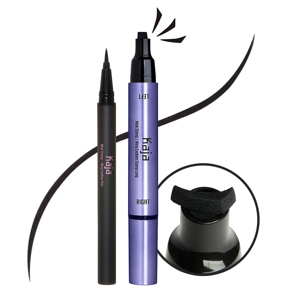 Kaja Winged Eyeliner Set - Wink Stamp Long | with Avocado Extract, Double-ended Wing, Smudge-Proof, Waterproof, Eye Irritation Tested, Long Lasting Pencil, Colorstay, Matte Finish, Cat Eye Look