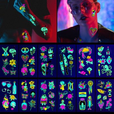 Glow in the Dark Tattoos, ACSAUMMY 12 Sheet Neon Tattoo Makeup Fake Tattoos Rave Festival Accessory Temporary Tattoo for Women Men Face Arm Body Blacklight Butterfly Tattoo Adult Party Supplies