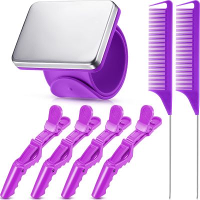 7 Pieces Hair Braiding Tools Magnetic Pin Wristband and 2 Pieces Stainless Steel Pintail Rat Tail Comb with 4 Wide Teeth Alligator Sectioning Hair Clip for Braid Tool Braid Maker(Purple)