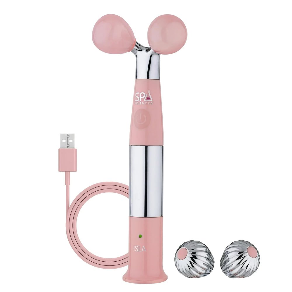 Spa Sciences ISLA Ice + Heat Contouring Roller (Face, Neck, and Dcolletage) Including Steel + Bonus Genuine Rose Quartz Globes