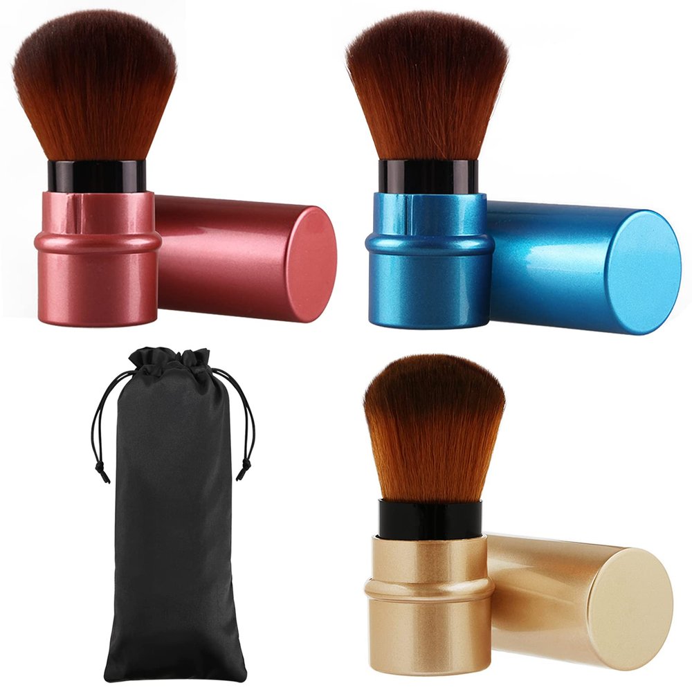 Vtrem Retractable Kabuki Brushes Travel Blush Brush Makeup Brush Portable Small Soft Bristles Powder Brush with Cover for Blush Buffing Flawless Powder, Cosmetics Tool, Brown/Red/Blue