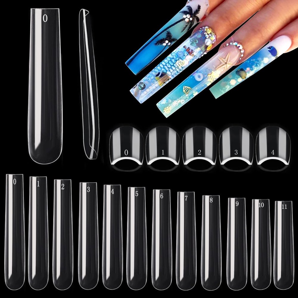 600PCS Square Nail Tips Full Cover, 3XL Clear Nail Tips for Acrylic Nails Professional, XXXL Full Cover Nails Tips No C Curve, Extra Long Tapered Square Fake Nails for Salons Home DIY 12 Sizes