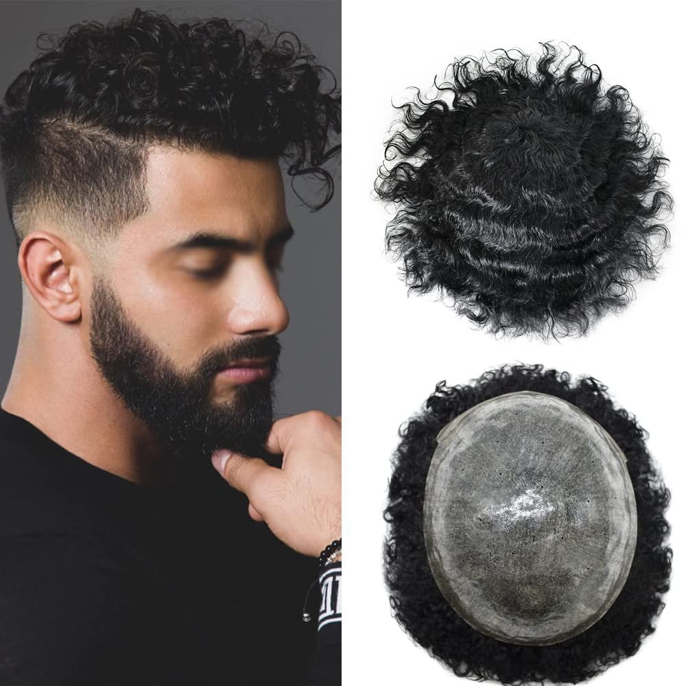 Afro Kinky Curly Mens Toupee African American Men Hairpiece Afro Wave Toupee for Men PU Injection with Breathable Holes Brizilian Human Hair Units for Men (20mm wave, 1# JET BLACK)