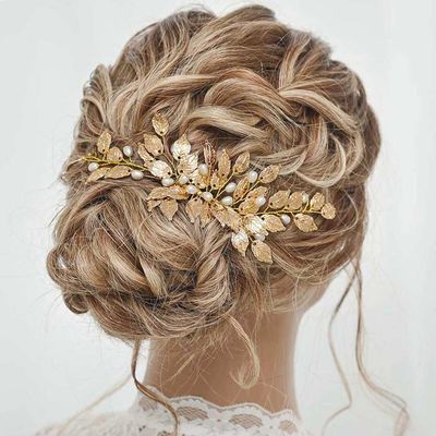 Gorais Leaves Bride Wedding Hair Comb Gold Leaf Hair Piece Pearl Headpiece Hair Accessories for Women and Girls