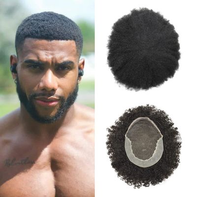 Afro Mens Toupee for Black Men Kinky Curly Human Hair with Grey Replacement System African American Mens Wig Transparent French Lace Front Hair Units (6mm afro wave, #1B20 1B# OFF BLACK WITH 20% SYNTHETIC GREY)