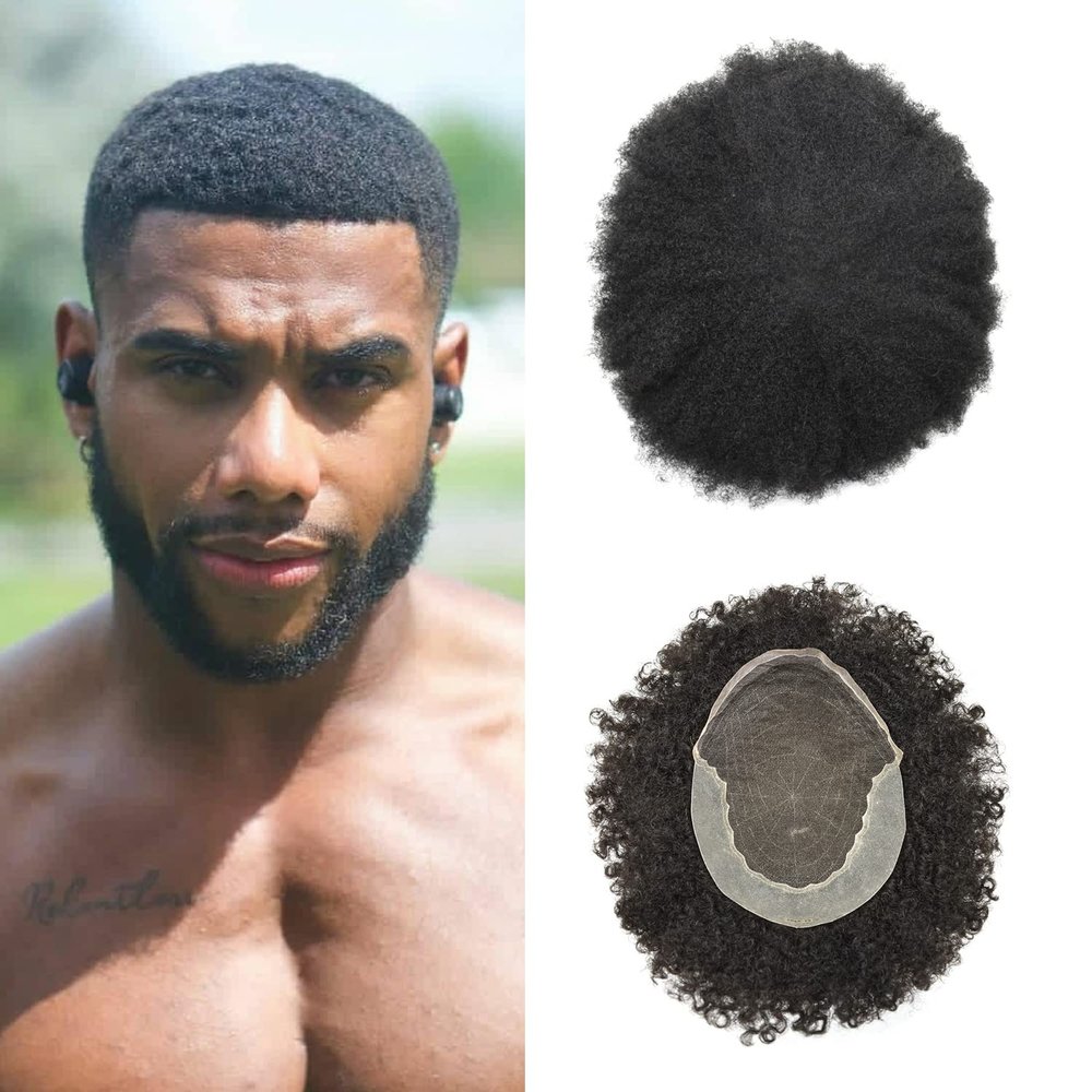 Afro Mens Toupee for Black Men Kinky Curly Human Hair with Grey Replacement System African American Mens Wig Transparent French Lace Front Hair Units (6mm afro wave, #1B20 1B# OFF BLACK WITH 20% SYNTHETIC GREY)